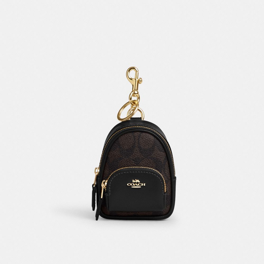 COACH®,Mini Court Backpack Bag Charm In Signature Canvas,Coin,Key Ring,Casual,Black,Front View