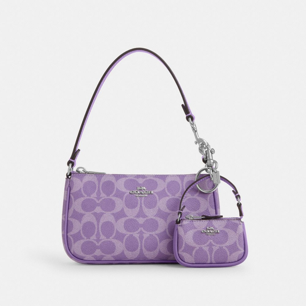 COACH®,Mini Nolita Bag Charm In Signature Canvas,Coin,Color Block,Key Ring,Casual,Purple,Angle View