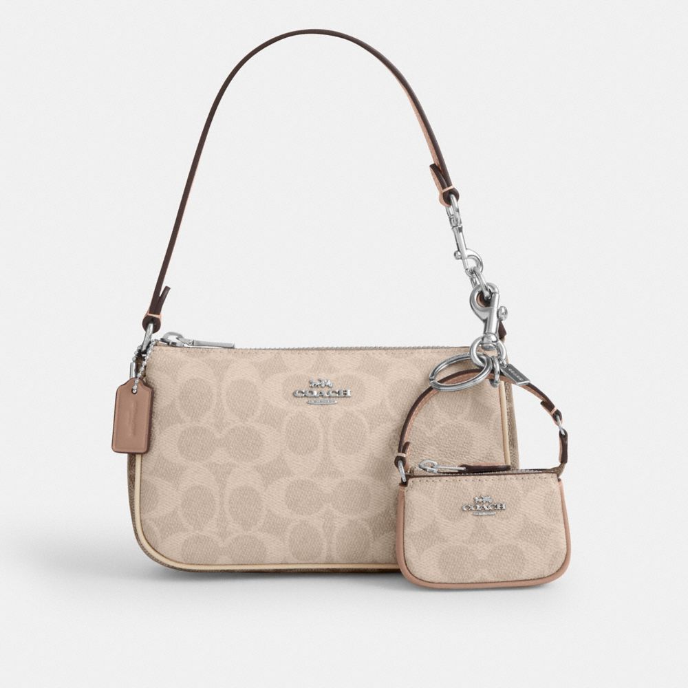 COACH®,Mini Nolita Bag Charm In Signature Canvas,Coin,Color Block,Key Ring,Casual,Beige,Angle View