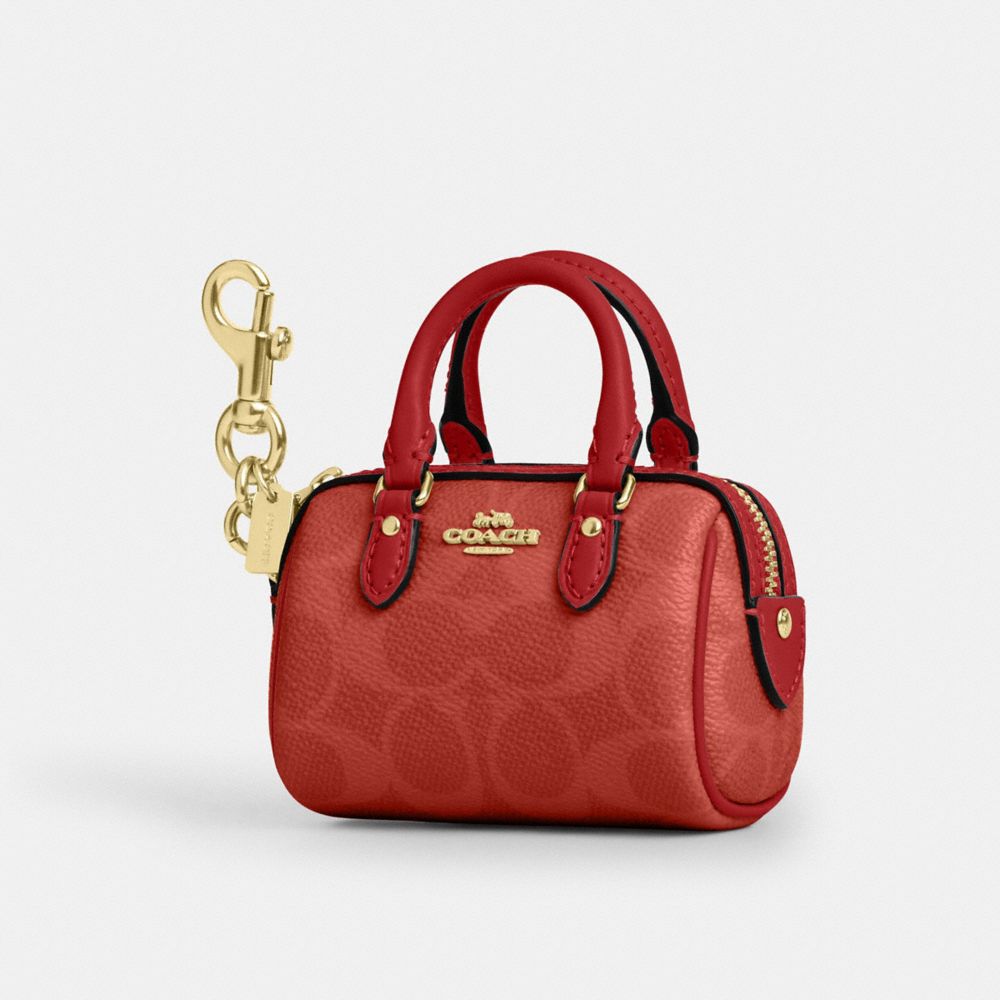 COACH®,MINI BRELOQUE DE SAC ROWAN EN TOILE EXCLUSIVE,Toile exclusive,Or/Cramoisi,Front View