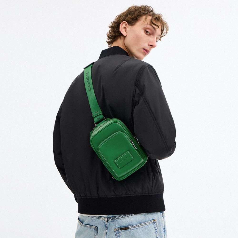 COACH®,Racer Sling Pack,Calfskin Leather,Slingback,Applique,Embossed,Logo,Adjustable,Casual,Green,Detail View