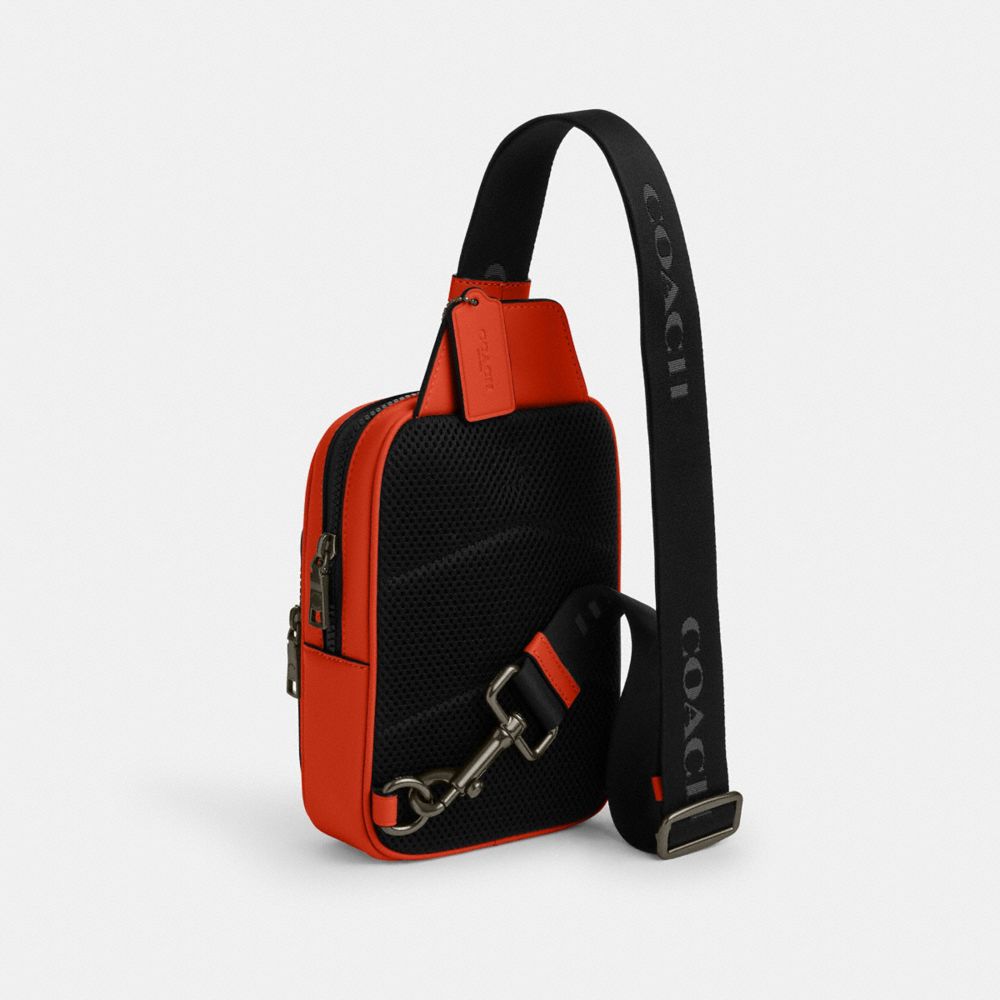 COACH®,Racer Sling Pack,Calfskin Leather,Slingback,Applique,Embossed,Logo,Adjustable,Casual,Orange,Angle View
