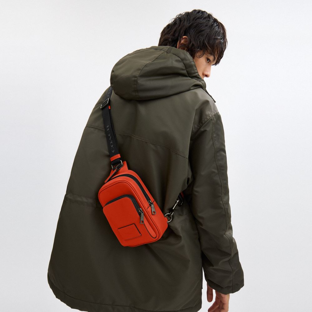 COACH®,Racer Sling Pack,Calfskin Leather,Slingback,Applique,Embossed,Logo,Adjustable,Casual,Orange,Detail View