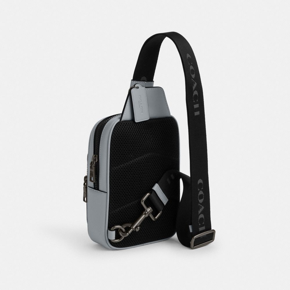 COACH®,Racer Sling Pack,Calfskin Leather,Slingback,Applique,Embossed,Logo,Adjustable,Casual,Gray,Angle View