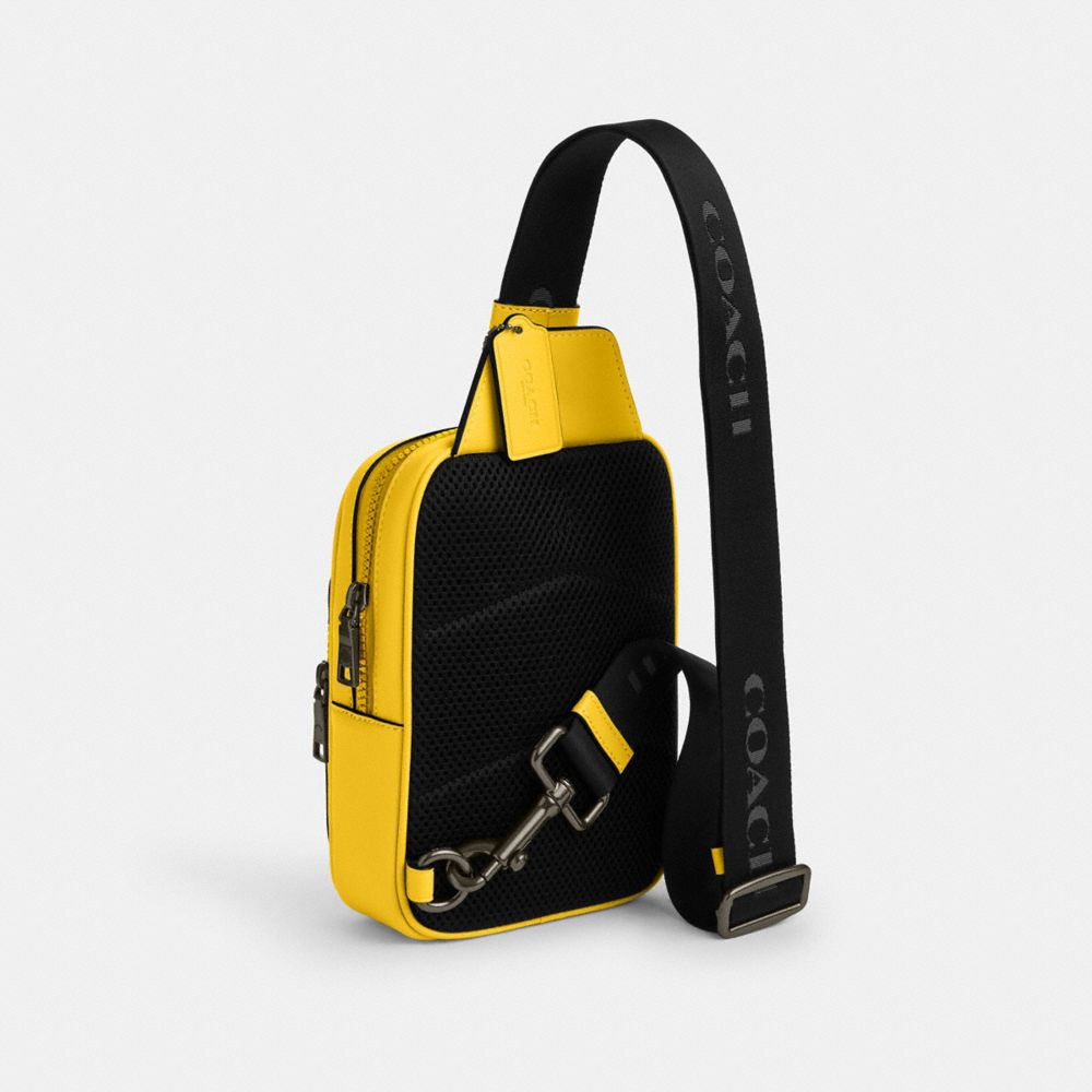 COACH®,Racer Sling Pack,Calfskin Leather,Slingback,Applique,Embossed,Logo,Adjustable,Casual,Yellow,Angle View