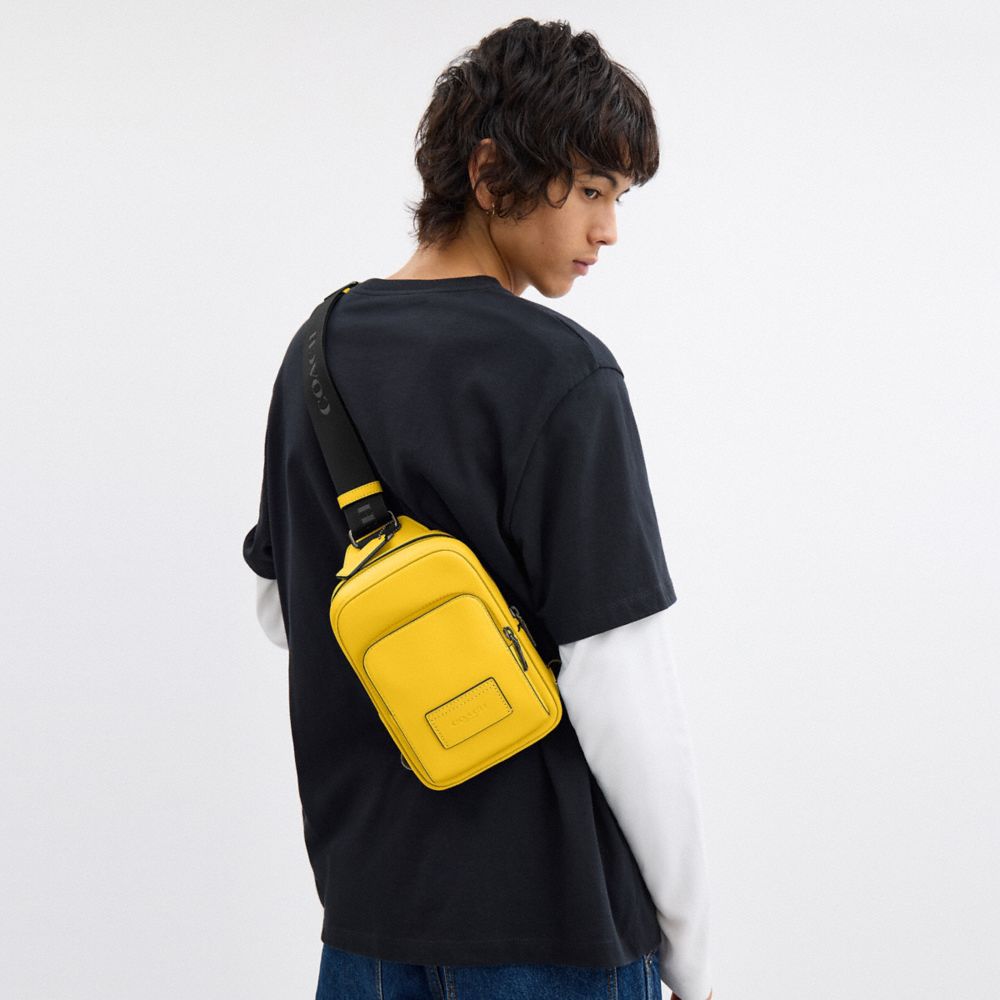 COACH®,Racer Sling Pack,Calfskin Leather,Slingback,Applique,Embossed,Logo,Adjustable,Casual,Yellow,Detail View