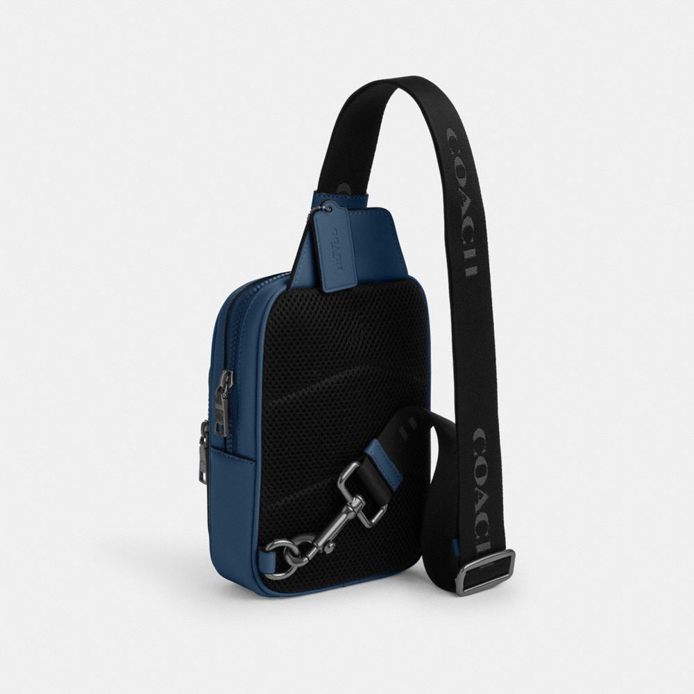 COACH®,Racer Sling Pack,Calfskin Leather,Slingback,Applique,Embossed,Logo,Adjustable,Casual,Navy,Angle View