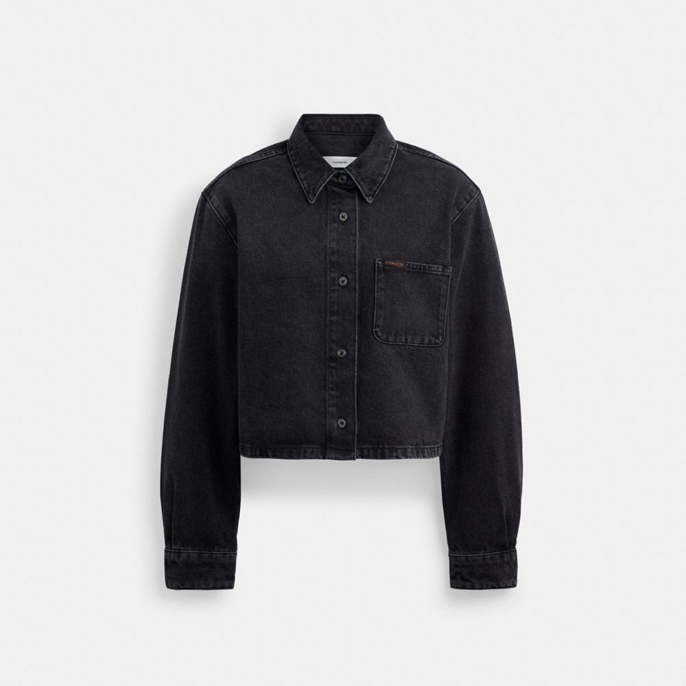 COACH®,CROPPED DENIM BUTTON DOWN IN ORGANIC COTTON,Denim,Black,Front View image number 0