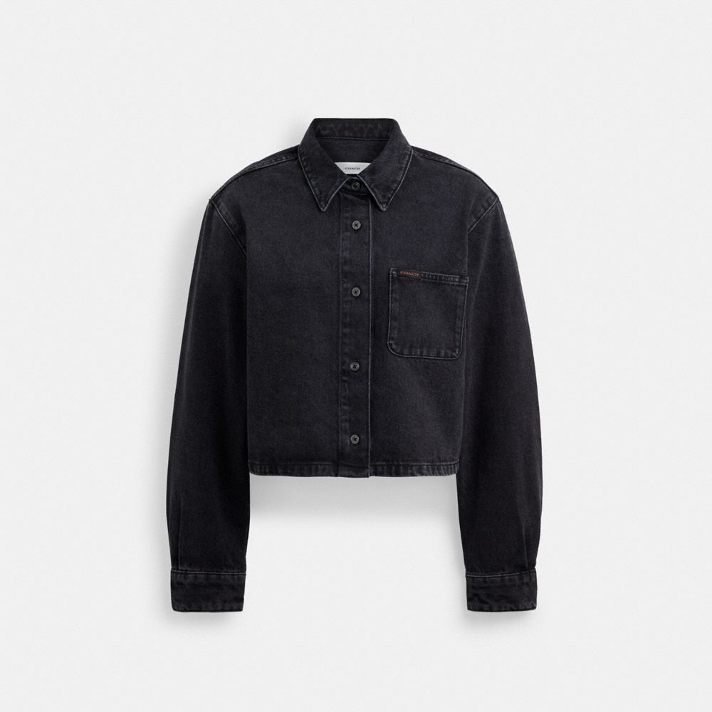 COACH®,CROPPED DENIM BUTTON DOWN IN ORGANIC COTTON,Denim,Black,Front View