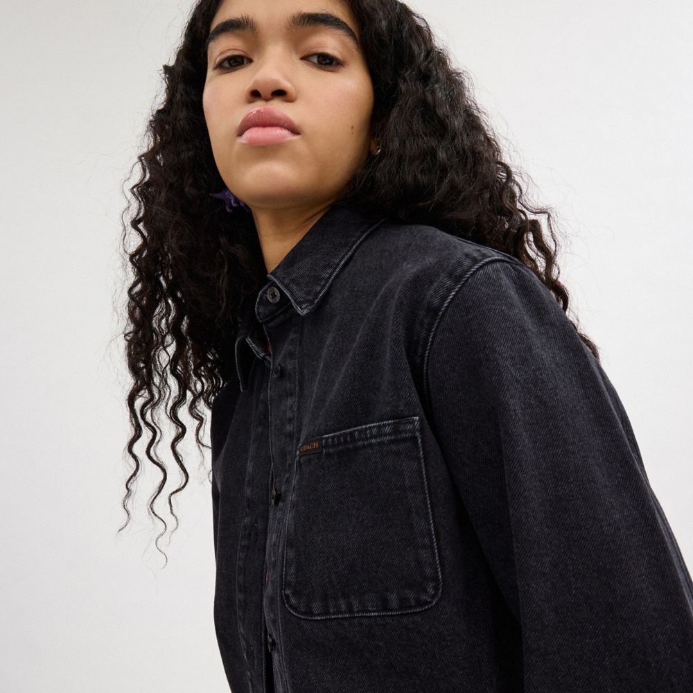 COACH®,Cropped Denim Button Down In Organic Cotton,Denim,Denim,Shirt Jacket,No Embellishment,Casual,Black,Detail View