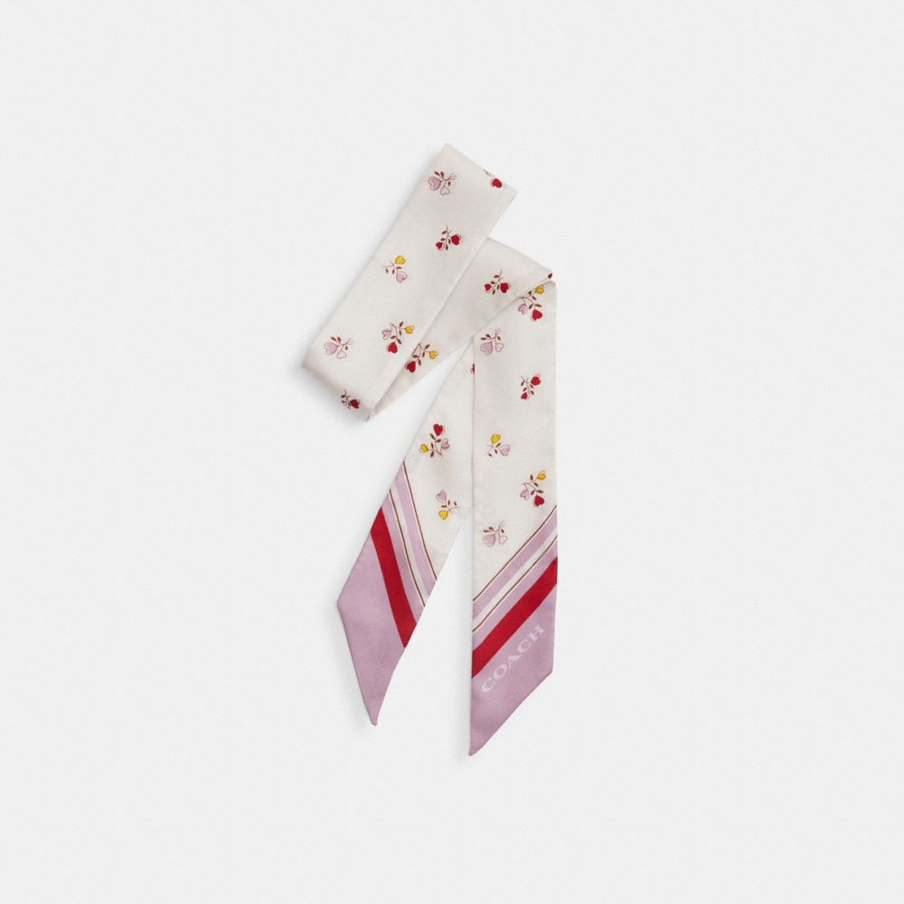 COACH®,Heart Posy Script Print Silk Skinny Scarf,,Front View