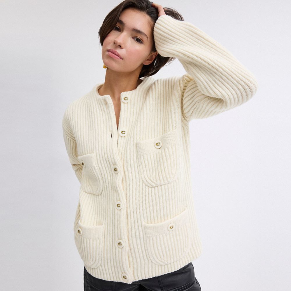 COACH®,CARDIGAN À POCHE OVERSIZE,Crème,Detail View