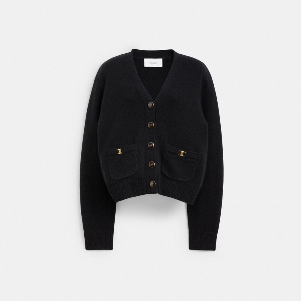 COACH®,Heritage C Cardigan,Cardigan,Logo,Mesh Insets,Work,Black,Front View