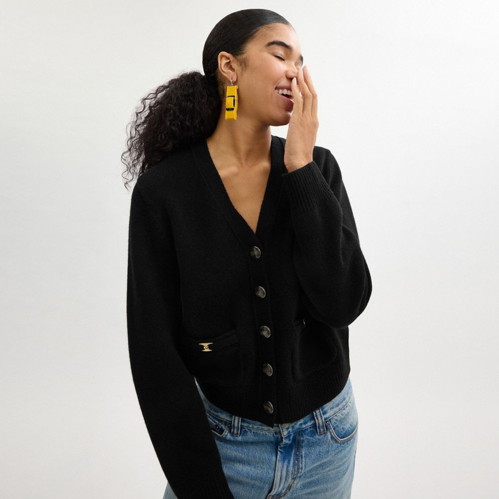 COACH®,Heritage C Cardigan,Cardigan,Mesh Insets,Logo,Work,Black,Detail View