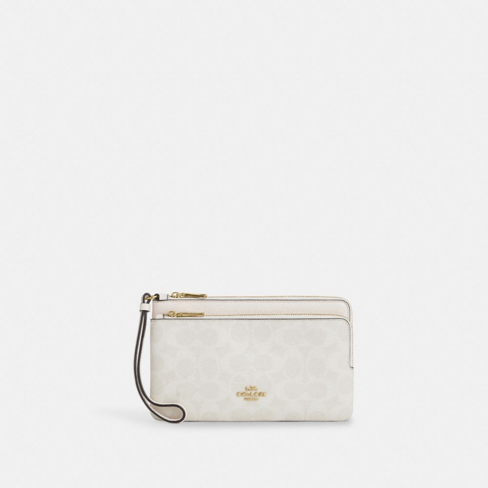 COACH®,Double Zip Wallet In Signature Canvas,Continental,Coin,Color Block,Casual,White,Front View