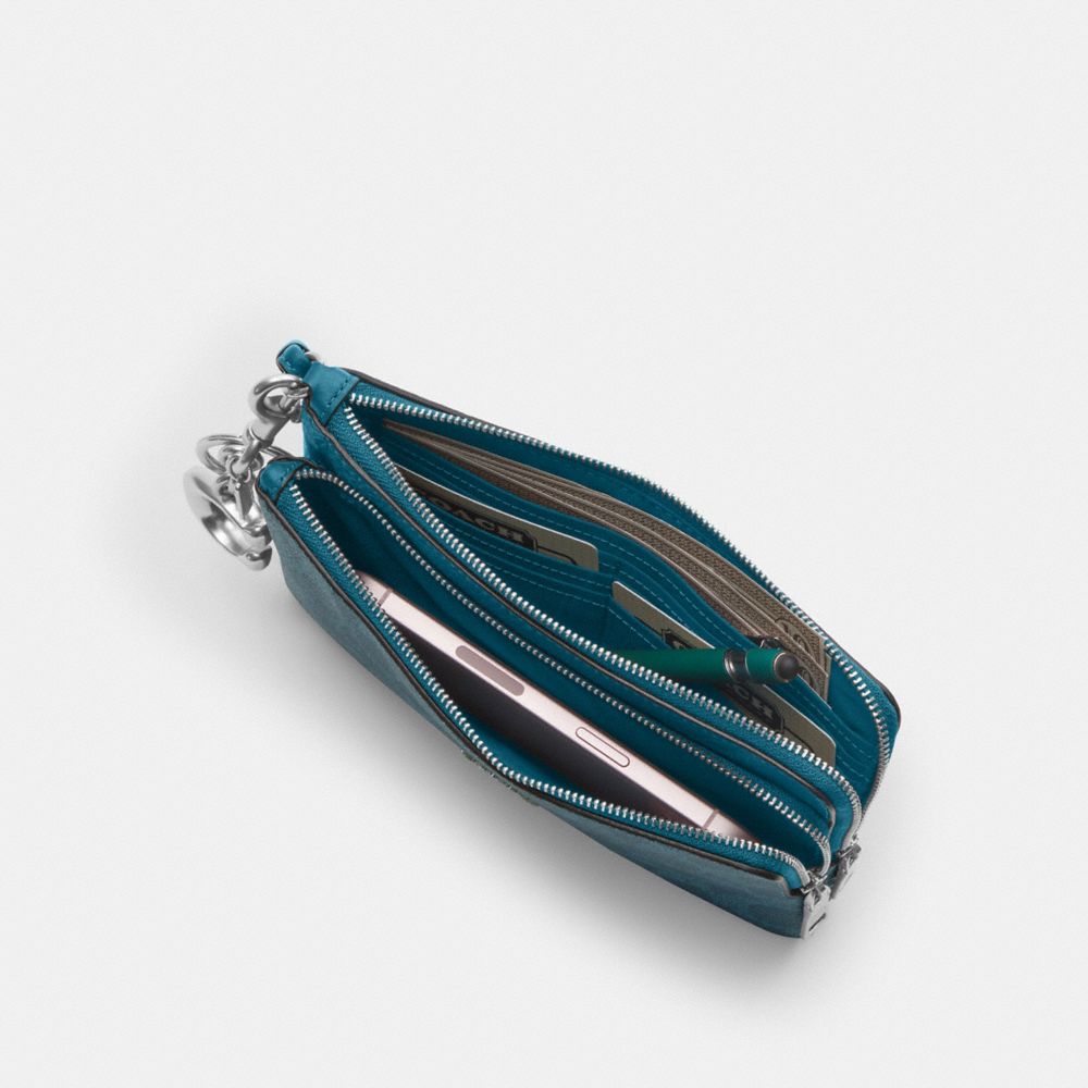 COACH®,Double Zip Wallet In Signature Canvas,Continental,Coin,Color Block,Casual,Teal,Inside View,Top View