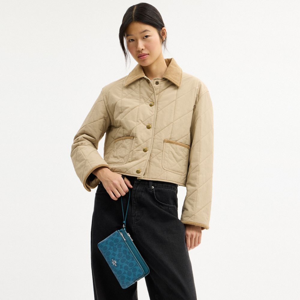 COACH®,Double Zip Wallet In Signature Canvas,Continental,Coin,Color Block,Casual,Teal,Detail View