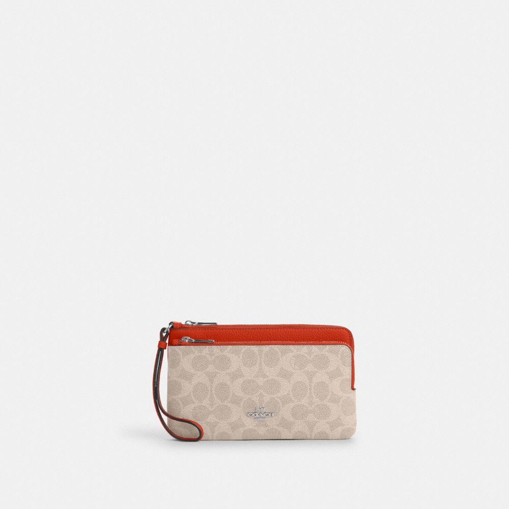 COACH®,PORTEFEUILLE À DOUBLE ZIP EN TOILE SIGNATURE,Toile exclusive,Sv/Sable/Orange Intense,Front View