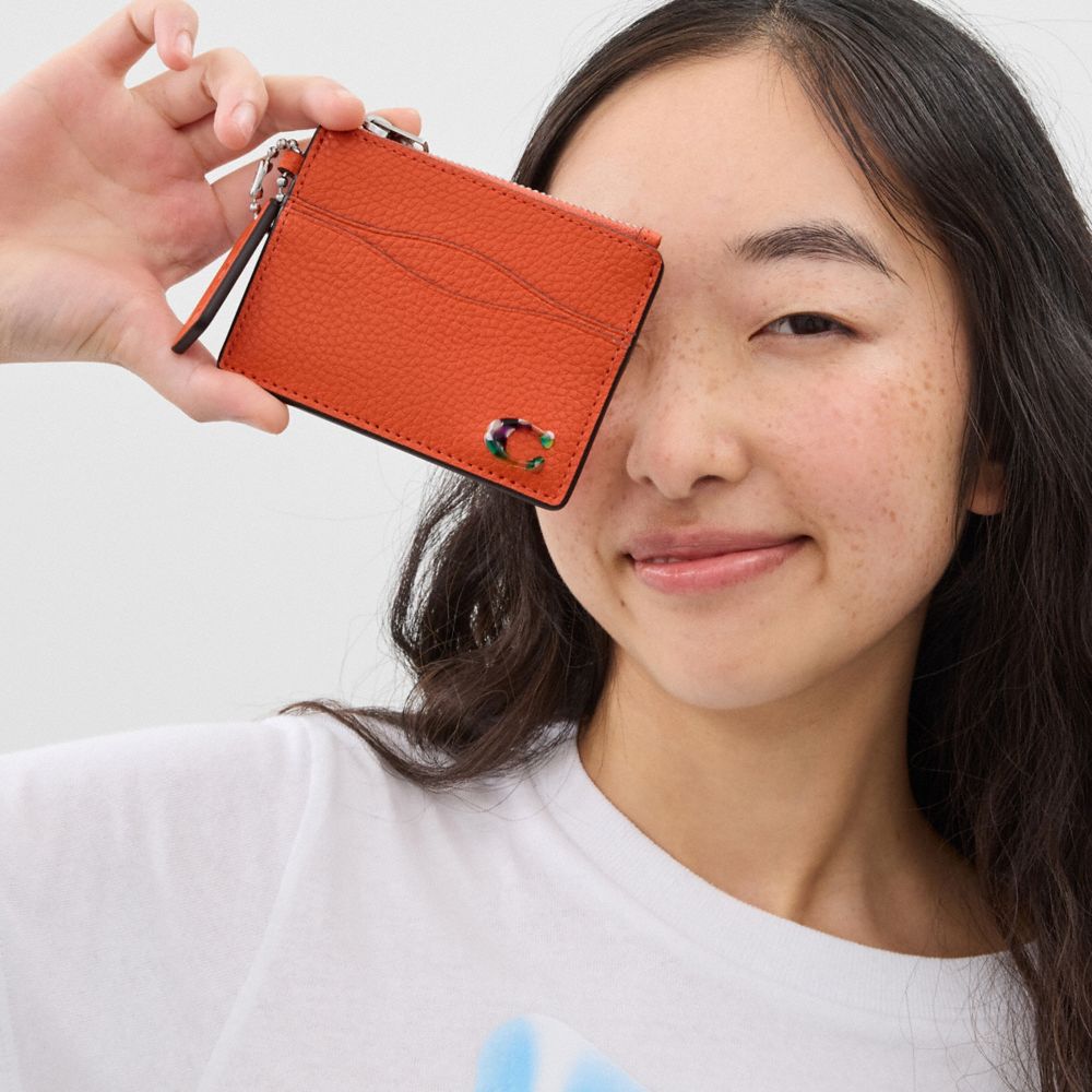 COACH®,Wavy Zip Card Case In Coachtopia Leather With Key Ring,Card Case,Logo,Key Ring,Casual,Burnt Orange,Detail View