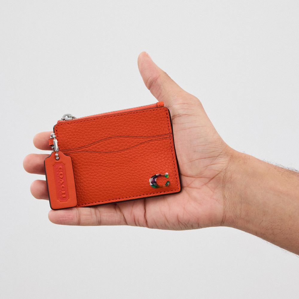 COACH®,Wavy Zip Card Case In Coachtopia Leather With Key Ring,Card Case,Logo,Key Ring,Casual,Burnt Orange,Detail View
