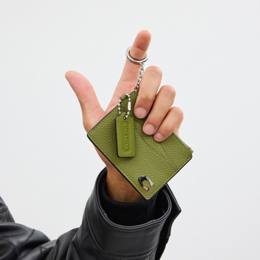COACH®,Wavy Zip Card Case In Coachtopia Leather With Key Ring,Card Case,Logo,Key Ring,Casual,Olive,Detail View