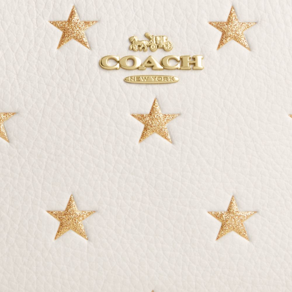 COACH®,Boxed Corner Zip Wristlet With Star Print And Charms,Leather,Wristlet,Metal,Logo,Casual,Cream