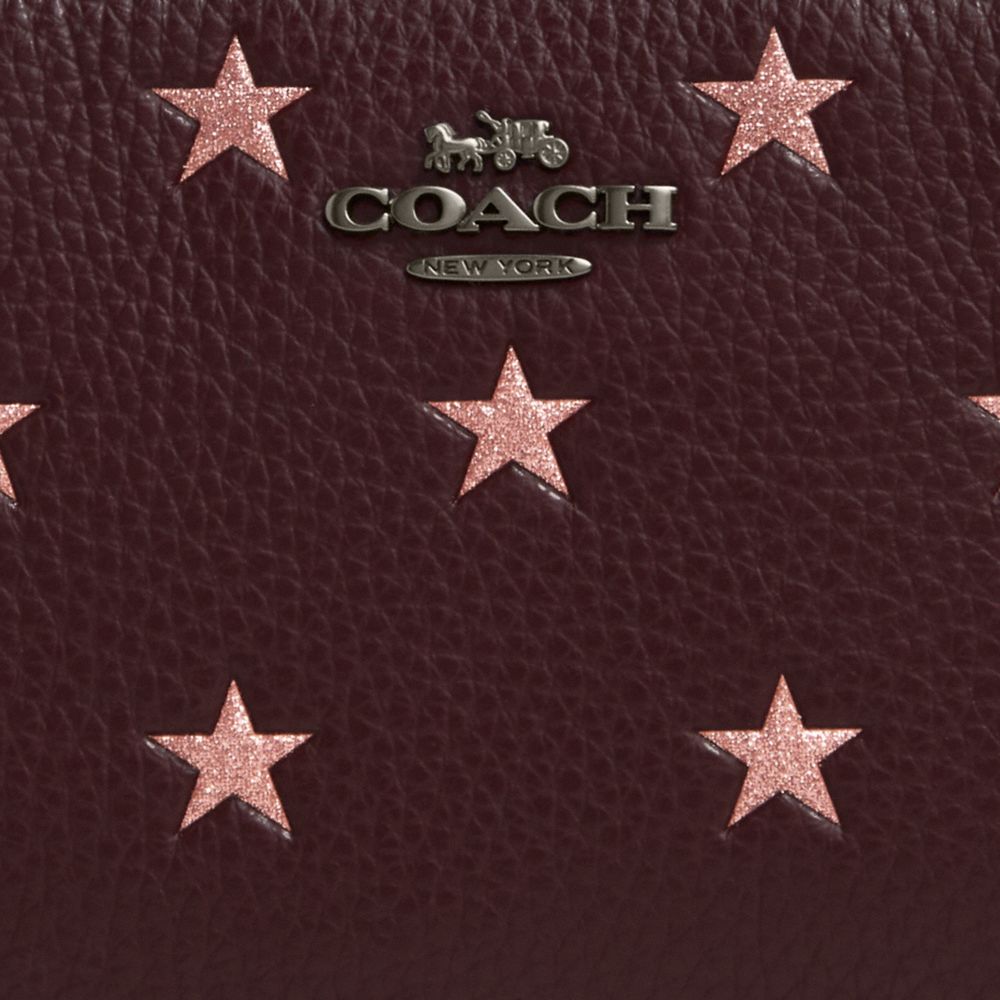COACH®,Boxed Corner Zip Wristlet With Star Print And Charms,Leather,Wristlet,Metal,Logo,Casual,Brown
