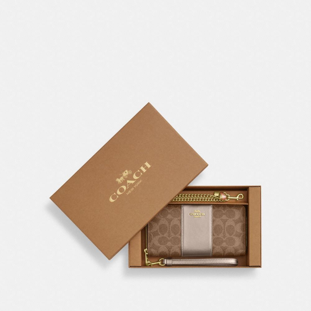 COACH®,Boxed Long Zip Around Wallet In Signature Canvas,Leather,Canvas,Continental,Color Block,3D Embellishment,Metal,Casual,Brown,Front View