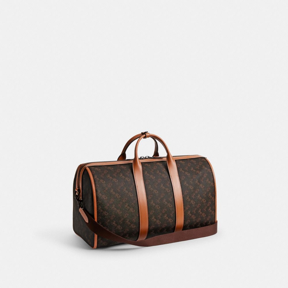 COACH®,Gotham Duffle Bag 45 With Horse And Carriage Print,Duffle Bag,Piping,Stripe,Brown,Angle View