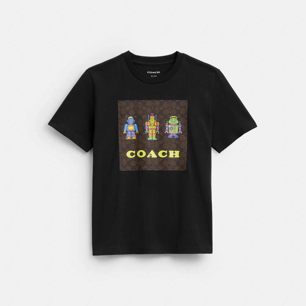 COACH®,Cosmic Coach Robot Print Signature Square T Shirt In Organic Cotton,,Front View