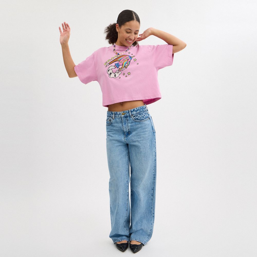 COACH®,Cosmic Coach Rocket Print Cropped T-Shirt In Organic Cotton,Organic Cotton,Basic,T Shirt,Eco-Friendly,Casual,Pink,Scale View