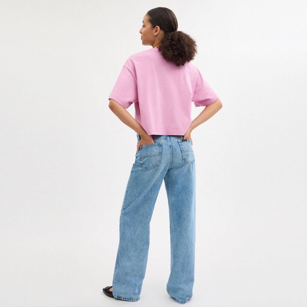 COACH®,Cosmic Coach Rocket Print Cropped T-Shirt In Organic Cotton,Organic Cotton,Basic,T Shirt,Eco-Friendly,Casual,Pink,Scale View