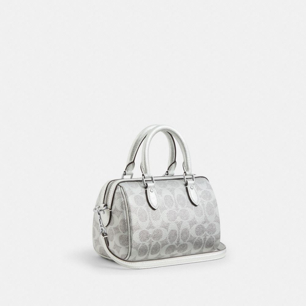 COACH®,Boxed Mini Rowan Crossbody Bag And Mirror Bag Charm Set In Signature Canvas,Leather,Bag Charm,Barrel Bag,Metal,Logo...,Gray,Angle View