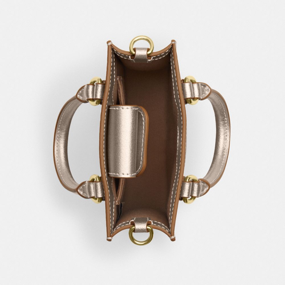 COACH®,Boxed Mini Tote Bag And Mirror Bag Charm Set In Signature Canvas,Leather,Canvas,Crossbody,Day Party,Brown,Inside View,Top View