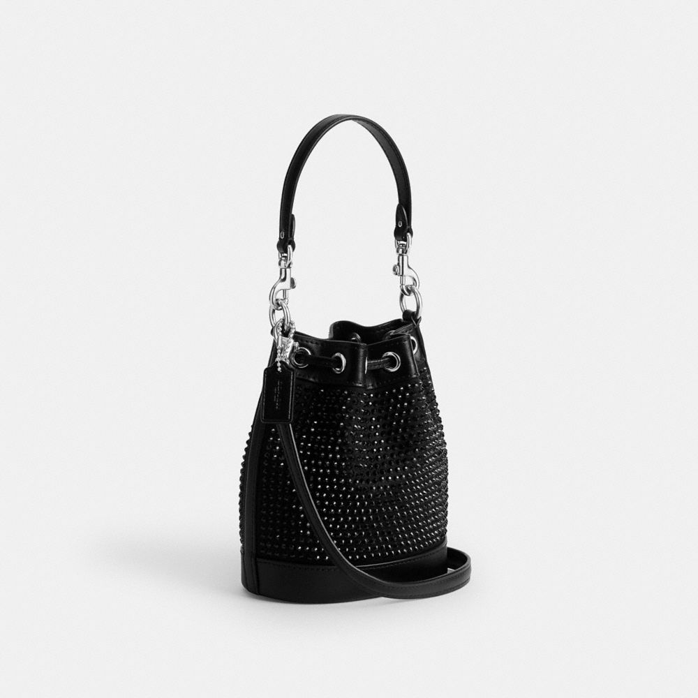 COACH®,Mini Bucket Bag With Crystal,Bucket,Crystal,Drawstring,Embellished,Rhinestones,Day Party,Black,Angle View