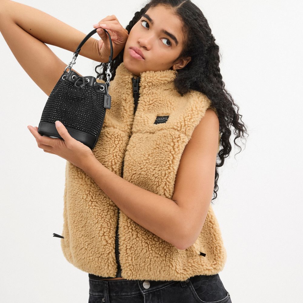 COACH®,Mini Bucket Bag With Crystal,Bucket,Crystal,Drawstring,Embellished,Rhinestones,Day Party,Black,Detail View