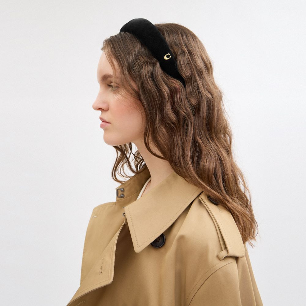 COACH®,Velvet Headband,Velvet,Headband,Logo,Metal,Gold Metal,Casual,Black,Detail View