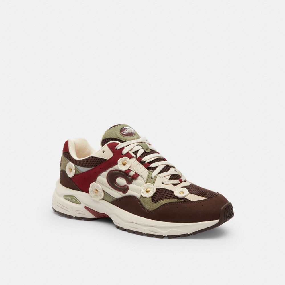 COACH®,C301 Sneaker With Tea Rose,Rubber,Suede,Activewear,Casual,Logo,Perforated,Color Block,Pull Tab,Traction,Shock Absor...,Maroon,Front View