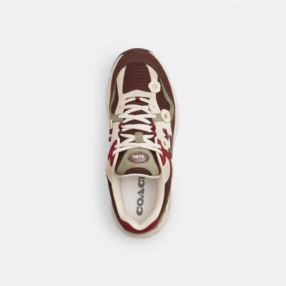 COACH®,C301 Sneaker With Tea Rose,Rubber,Suede,Activewear,Casual,Logo,Perforated,Color Block,Pull Tab,Traction,Shock Absor...,Maroon,Inside View,Top View