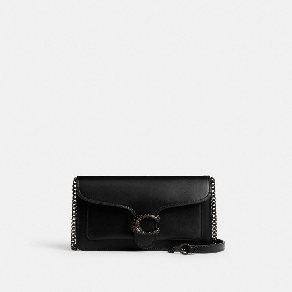 COACH®,Tabby Chain Clutch,Calfskin Leather,Clutch,Continental,Logo,Metal,Rhinestones,Day Party,Black,Front View