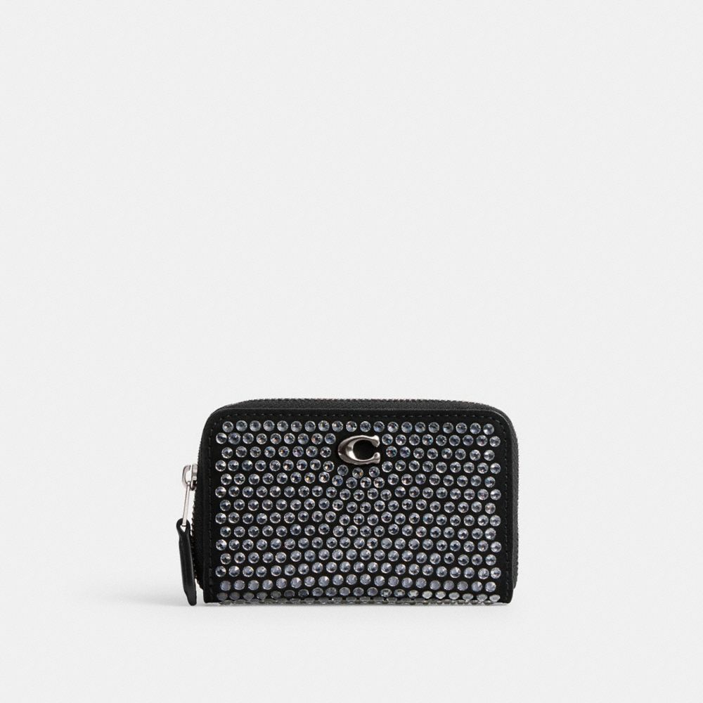 COACH®,Essential Small Zip Around Card Case With Crystal,Calfskin Leather,Suede,Card Case,Logo,Rhinestones,Metal,Party,Black,Front View