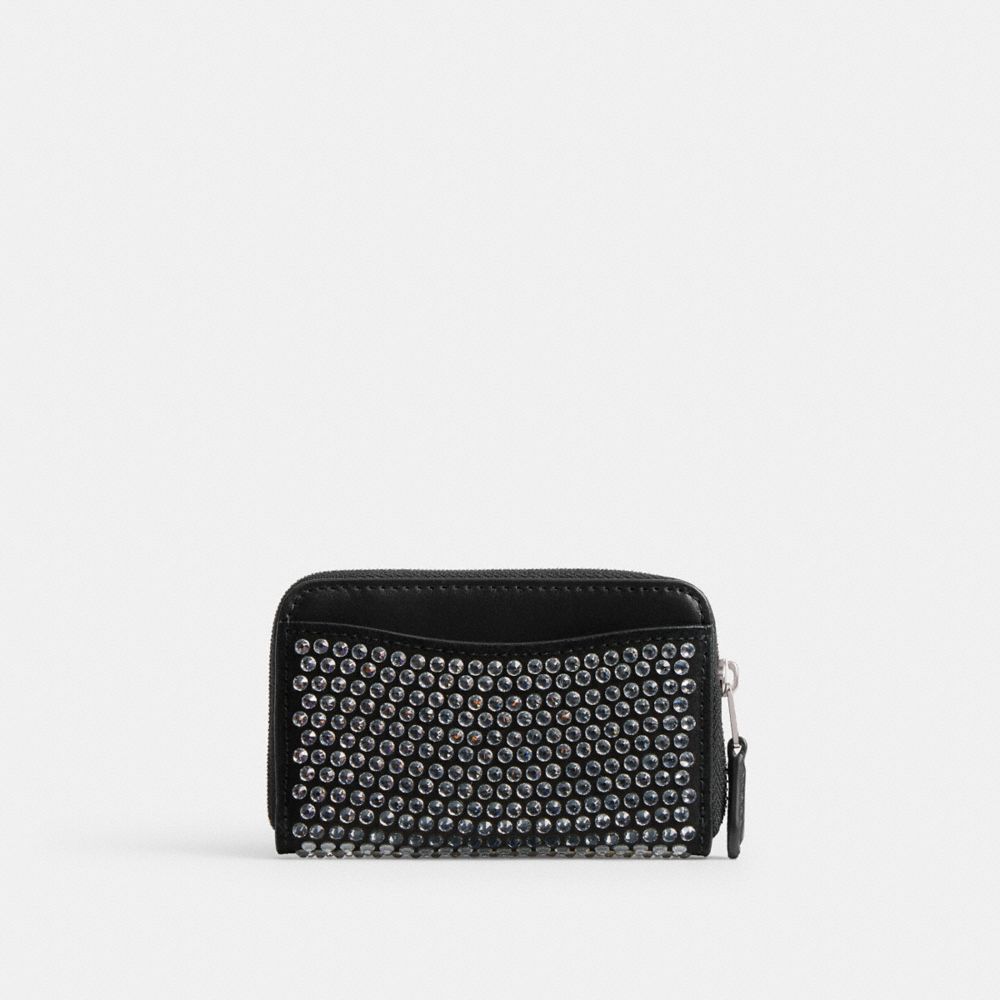 COACH®,Essential Small Zip Around Card Case With Crystal,Calfskin Leather,Suede,Card Case,Logo,Rhinestones,Metal,Party,Black,Back View