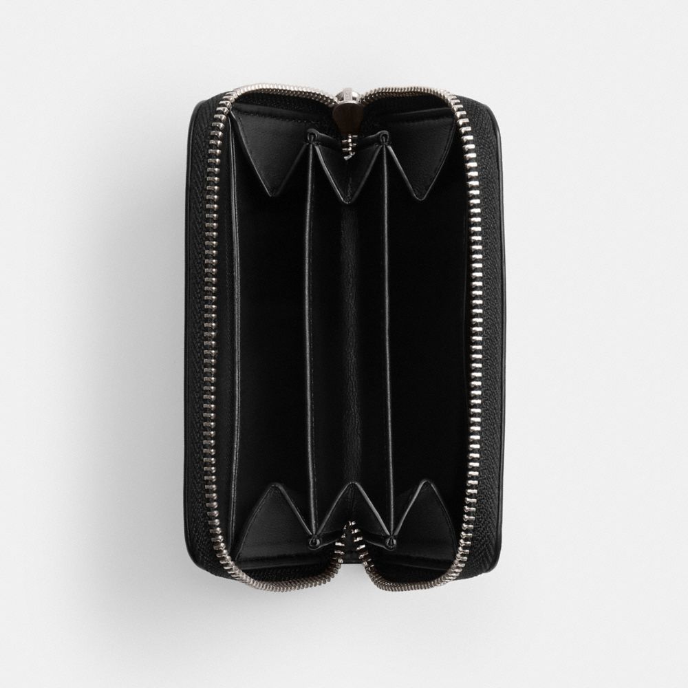 COACH®,Essential Small Zip Around Card Case With Crystal,Calfskin Leather,Suede,Card Case,Logo,Rhinestones,Metal,Party,Black,Inside View,Top View