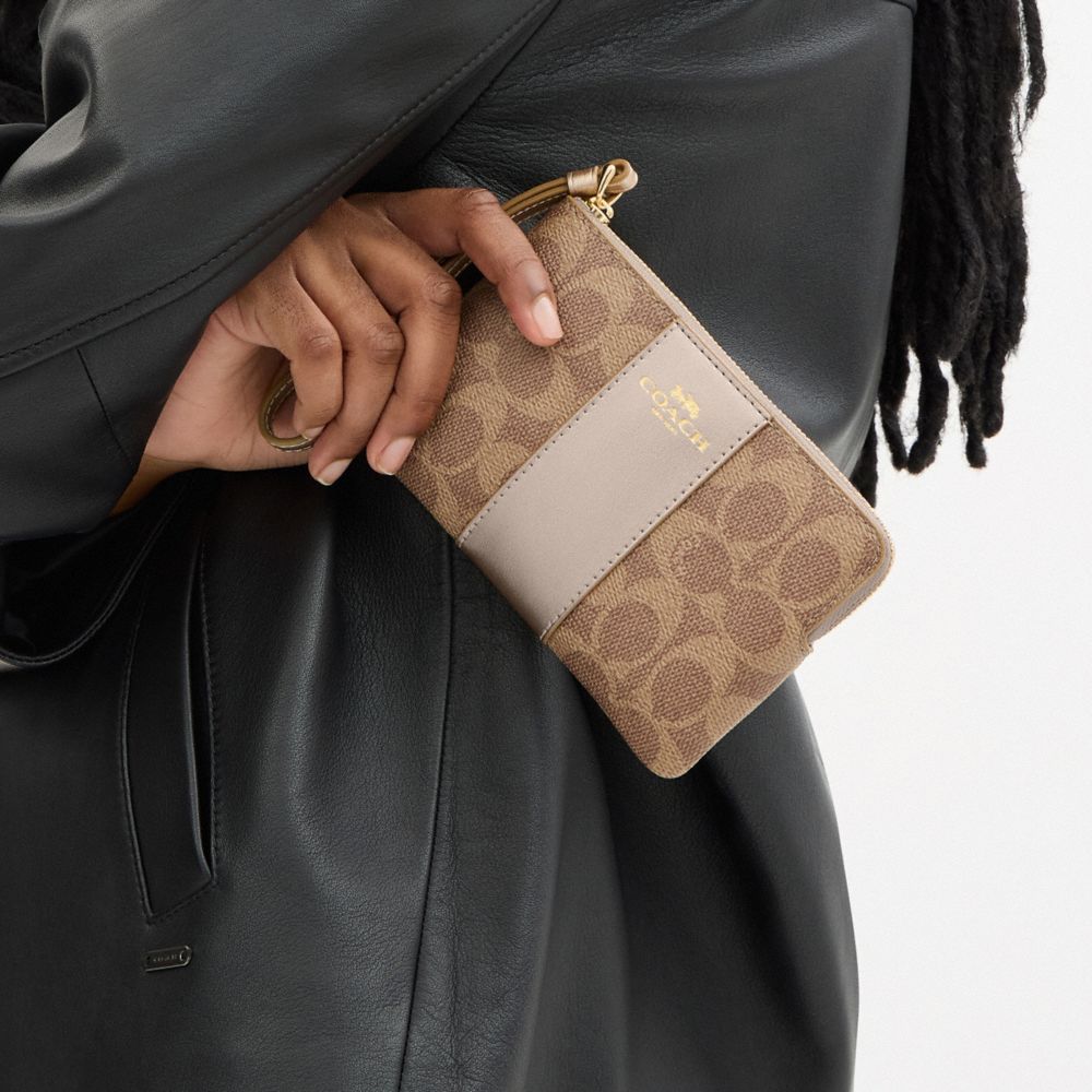 COACH®,Corner Zip Wristlet In Signature Canvas,Canvas,Leather,Wristlet,Faux Leather,Color Block,Casual,Brown,Detail View