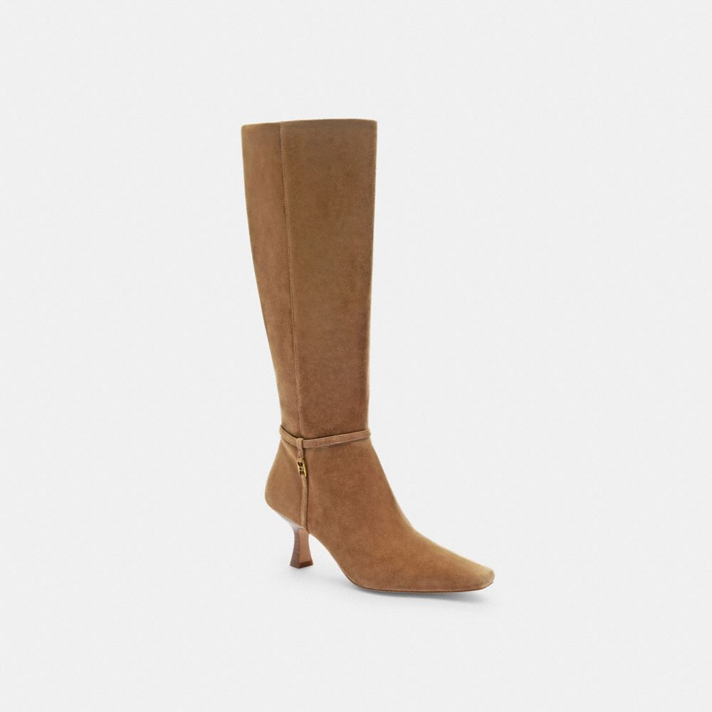 COACH®,Raquel Extended Calf Boot,Suede,Boots,Fabric,Padded Insole,Pull Tab,Day Party,Brown,Front View