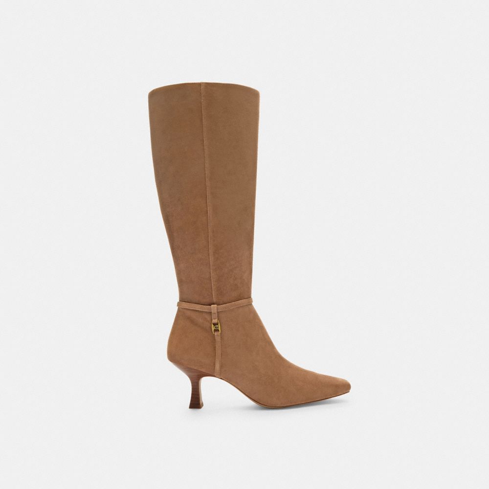 COACH®,Raquel Extended Calf Boot,Suede,Boots,Fabric,Padded Insole,Pull Tab,Day Party,Brown,Angle View