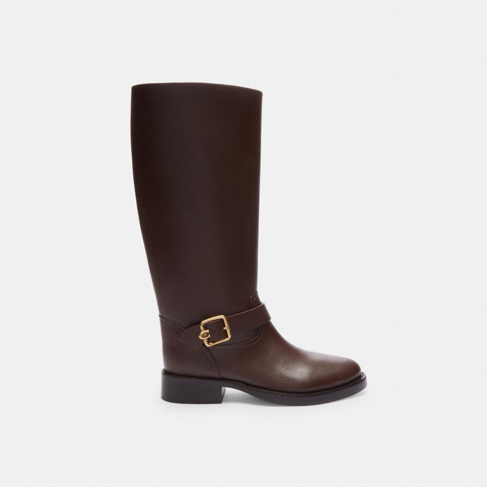 COACH®,Madeline Extended Calf Boot,Leather,Rubber,Riding,Traction,Pull Tab,Casual,Brown,Angle View