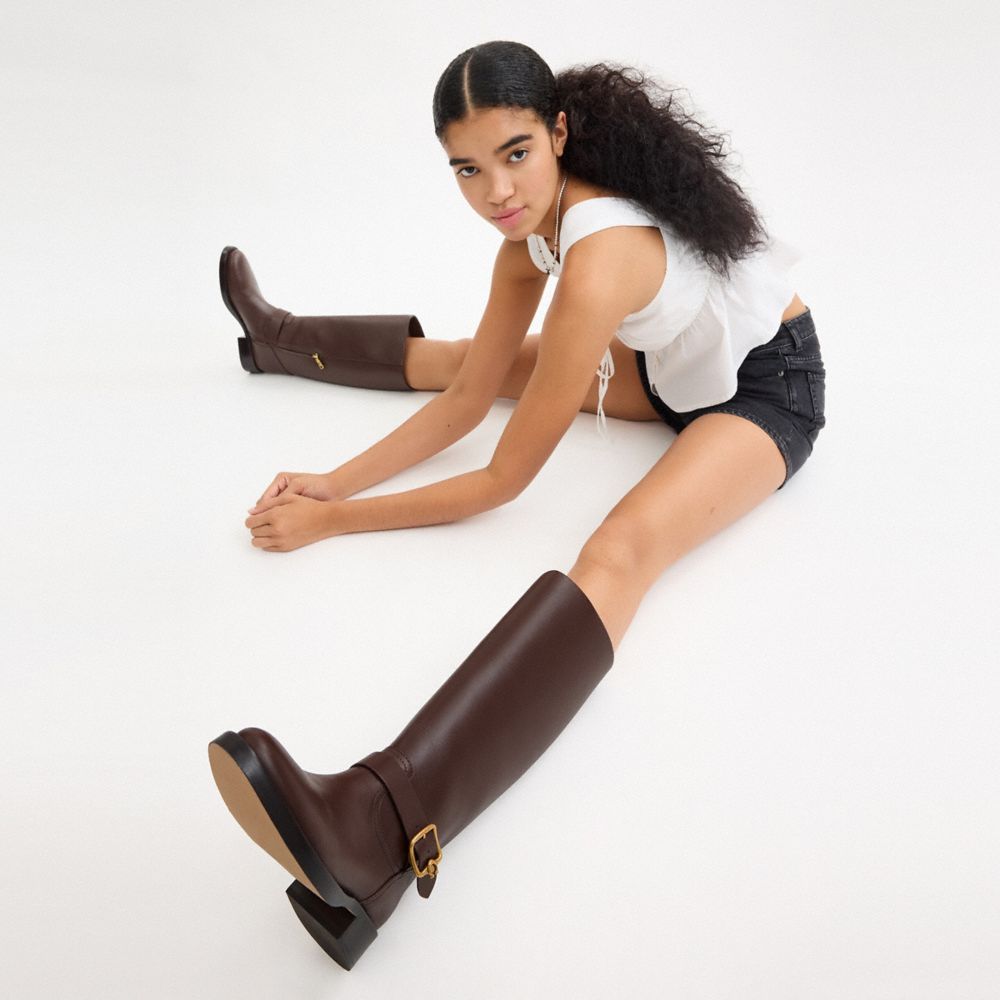 COACH®,Madeline Extended Calf Boot,Rubber,Leather,Riding,Traction,Pull Tab,Casual,Brown,Detail View