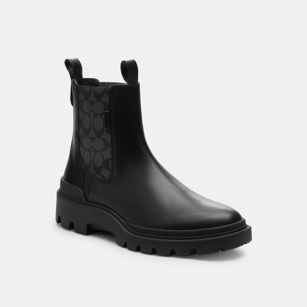 COACH®,Colson Boot With Signature,Rubber,Chelsea Boots,Pattern,Pull Tab,Casual,Black,Front View