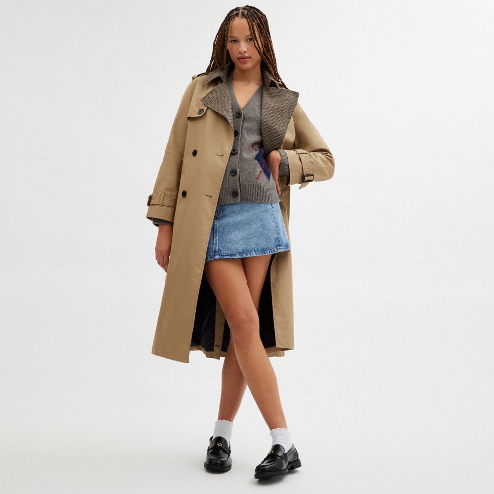 COACH®,Mixed Material Trench Coat,Recycled Polyester,Cotton,Viscose,Polyamide,Wool,Trench,Pattern,Button,Work,Beige,Scale View